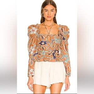 Ulla Johnson Mirelle Tan and Blue Floral Silk Blouse size 0, small